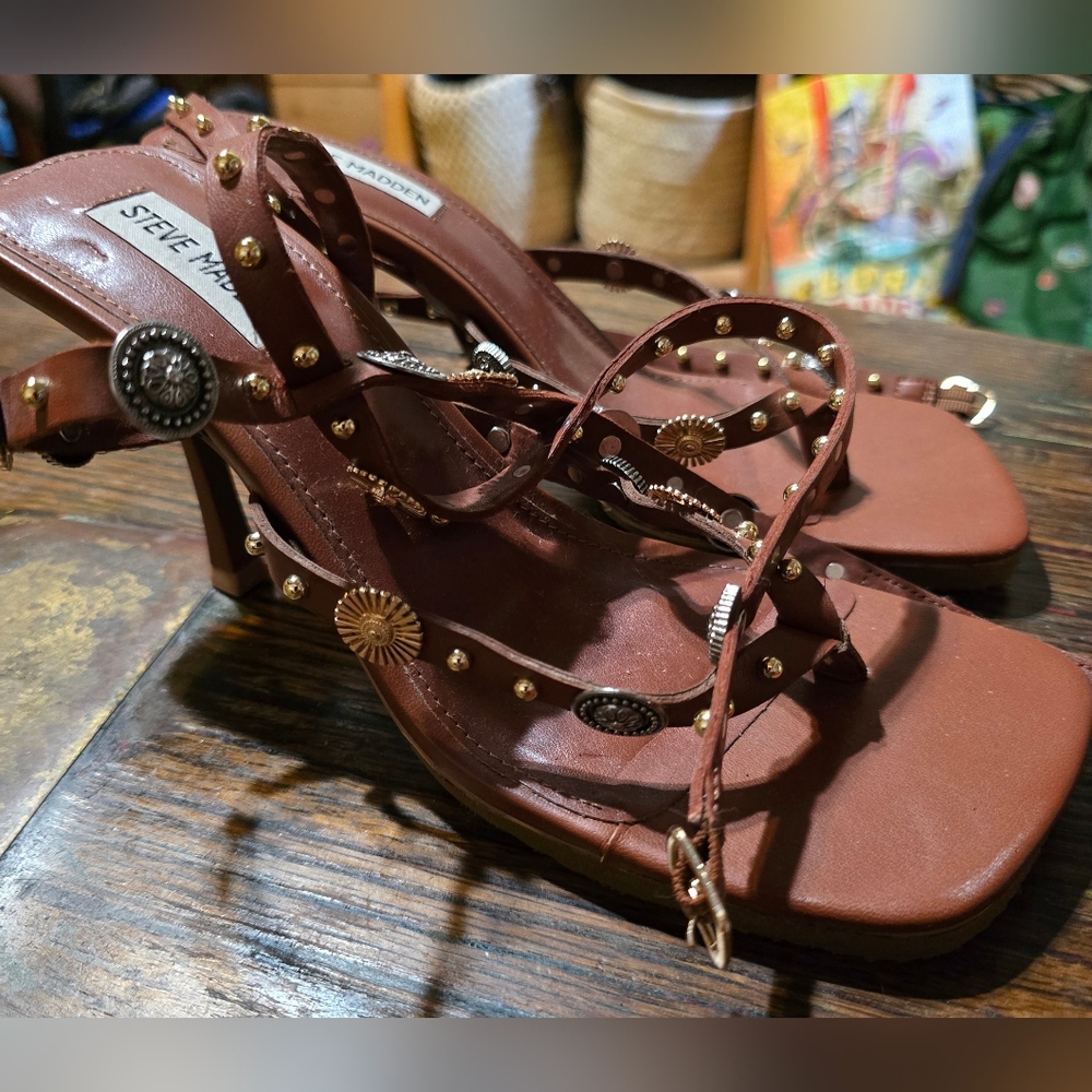 Steve Madden Brown Studded Wrap-Strap High Heel Sandals - Picture 3 of 7
